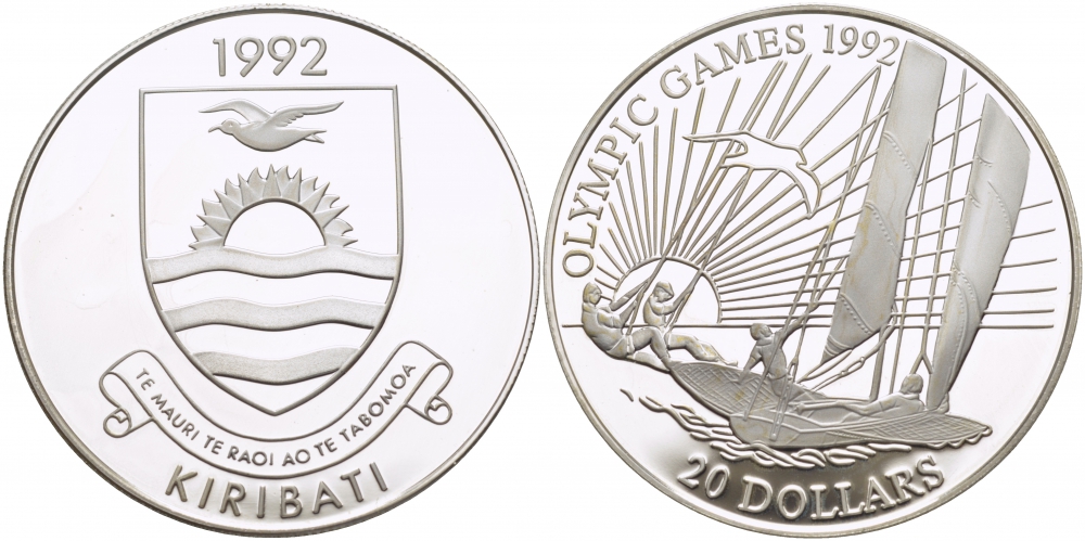 Кирибати 20 долларов 1992 XXV Олимпийские игры в Барселоне 1992 года, регата, яхта KM 17 серебро PROOF 11-090-21