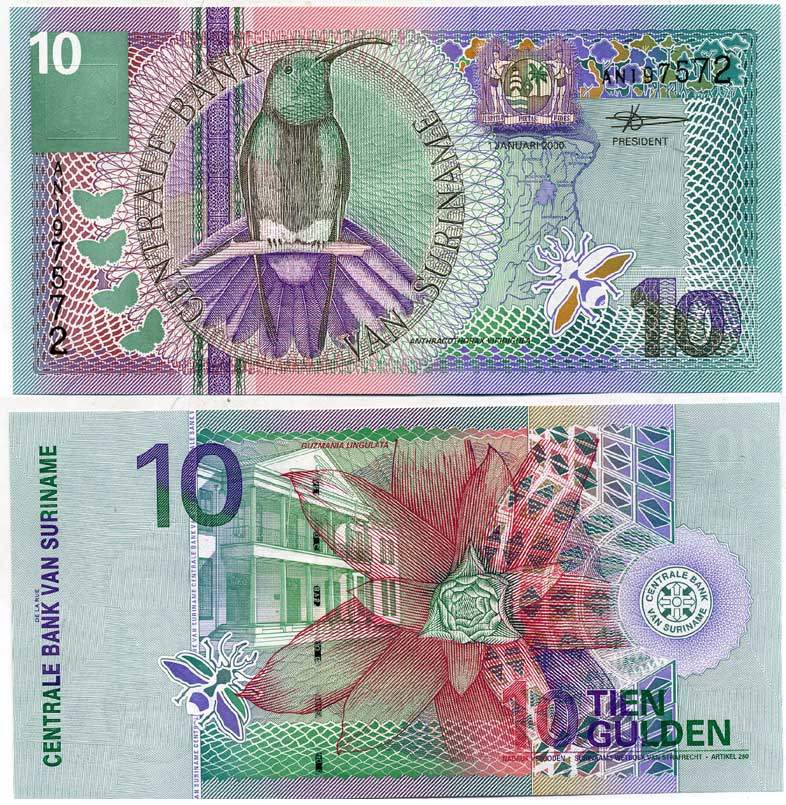 Суринам 10 гульденов 2000 колибри-манго, цветок Pick 147 бумага UNC (пресс) 7484-73-2