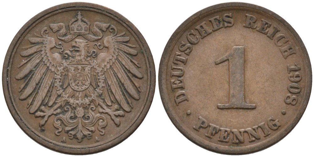 Германия 1 пфенниг 1908 A KM 10, J. 10 медь 4567-1256