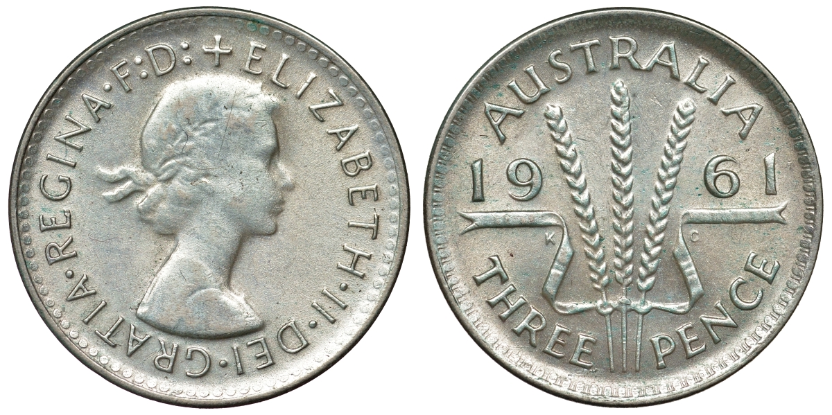 Австралия 3 пенса 1961 m, Елизавета II (1952-2022) KM 57 серебро 71-764