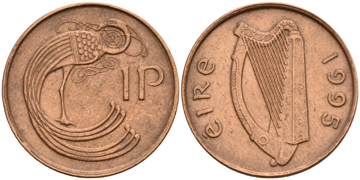 Ирландия 1 пенни 1995 мифологическая птица лира KM 20a бронза 4141-245