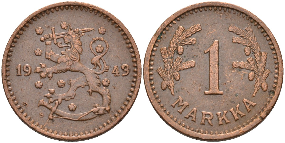 Финляндия 1 марка 1943 республика (1918-1962) KM 30а медь 4591-317
