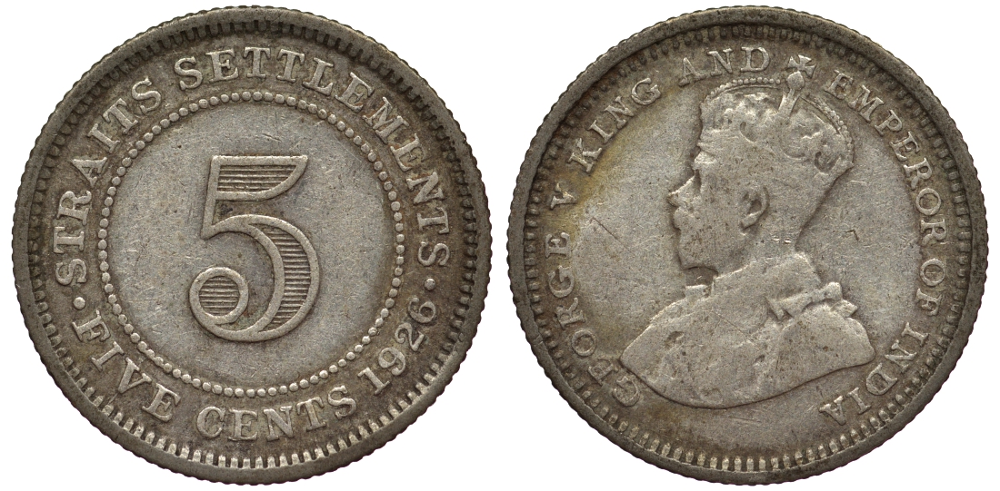 Стрейтс-Сетлментс 5 центов 1926 Георг V (1910-1936) КМ 36 серебро 53-521