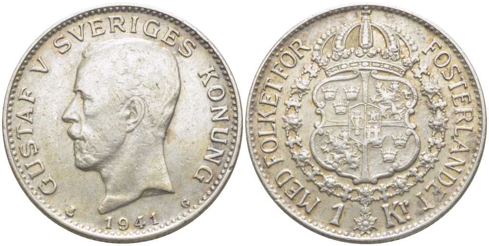 Швеция 1 крона 1941 G, Густав V (1907-1950) KM 786.2 серебро 119-1113
