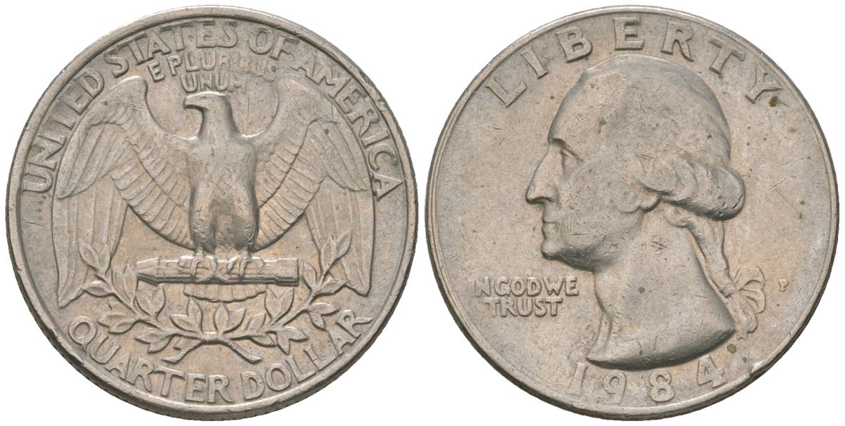 США 25 центов (квотер) 1984 P, Вашингтон KM A164a медь плакированная медно-никелем 4595-311