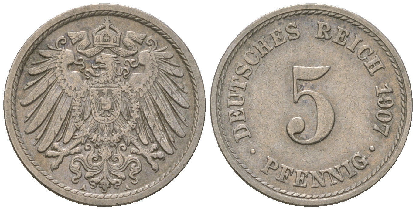 ГДР 5 пфеннигов 1907 A, KM 11, J. 12 медно-никель 3458-1119