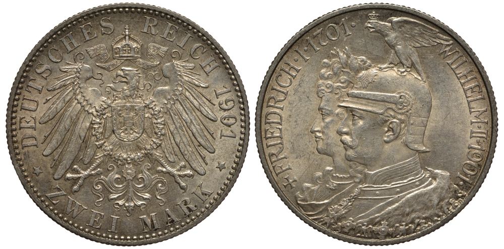 Пруссия 2 марки 1901 A, 200 лет Прусской королевской династии (Фридрих I - Вильгельм II) J.105, Weege 105, KM 525 серебро 3711-1033