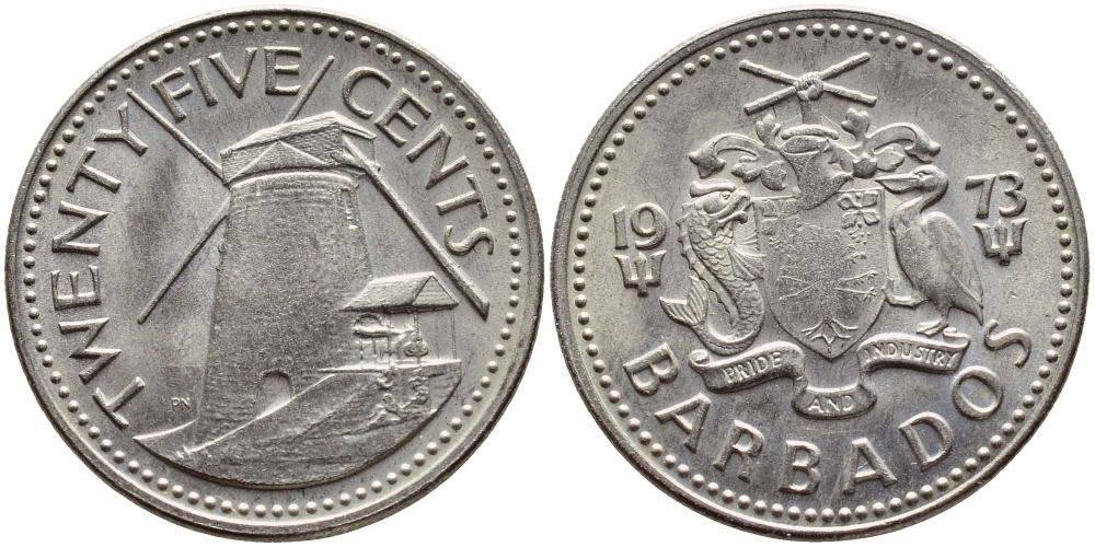 Барбадос 25 центов 1973 ветряная мельница Моргана Льюиса KM 13 медно-никель 4398-326