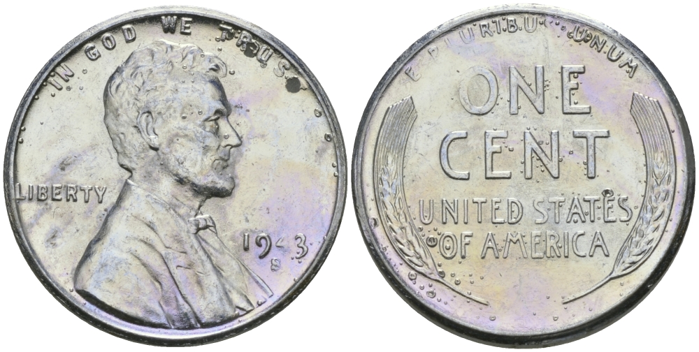 США 1 цент 1943 S (Сан-Франциско), Авраам Линкольн KM 132 a сталь плакированная цинком 96-1162