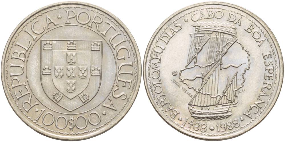 Португалия 100 эскудо 1988 серия золотой век португальских открытий, Бартоломеу Диаш KM 642 медно-никель UNC 4537-534