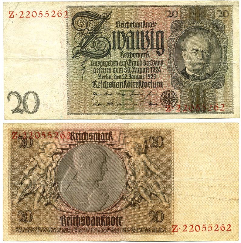 Германия 20 рейхсмарок 1929 Вернер фон Сименс, буква E, серия Z Pick 181 a, Ros. 174 a  бумага   7203-4-1-1