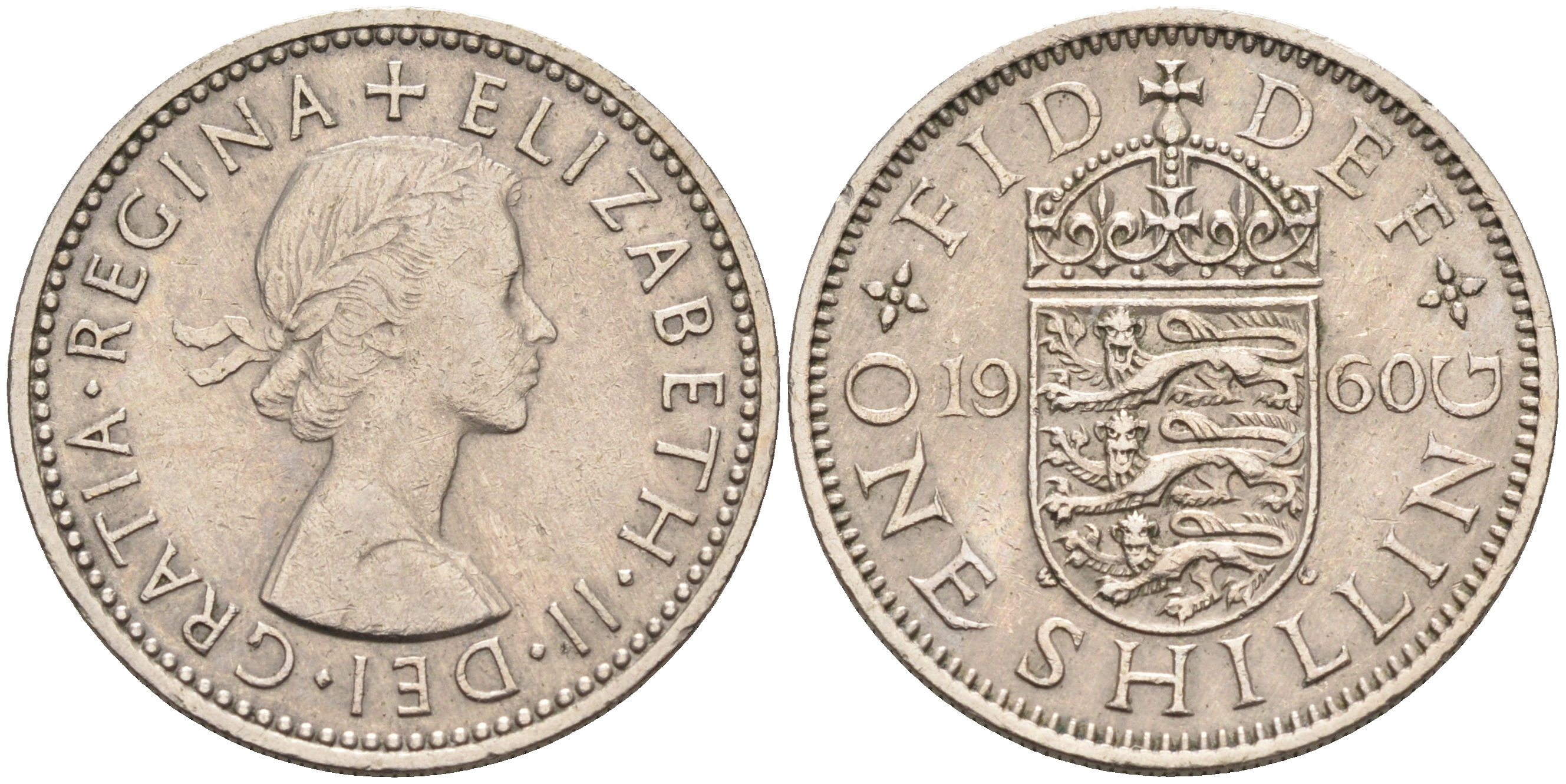 Великобритания 1 шиллинг 1960 Елизавета II (1952-2022), Английский герб KM 904, Spink 4147 медно-никель    4150-532