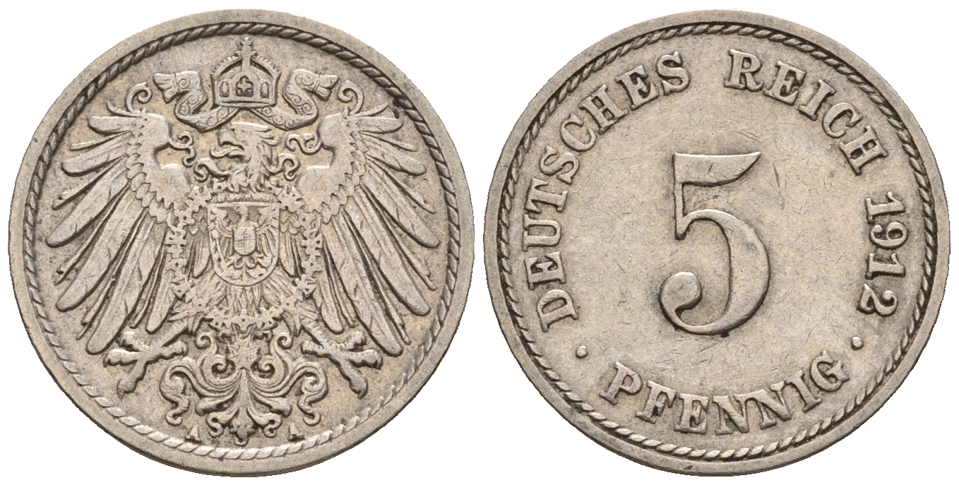 Германия 5 пфеннигов 1912 A, KM 11, J. 12 медно-никель 220-637
