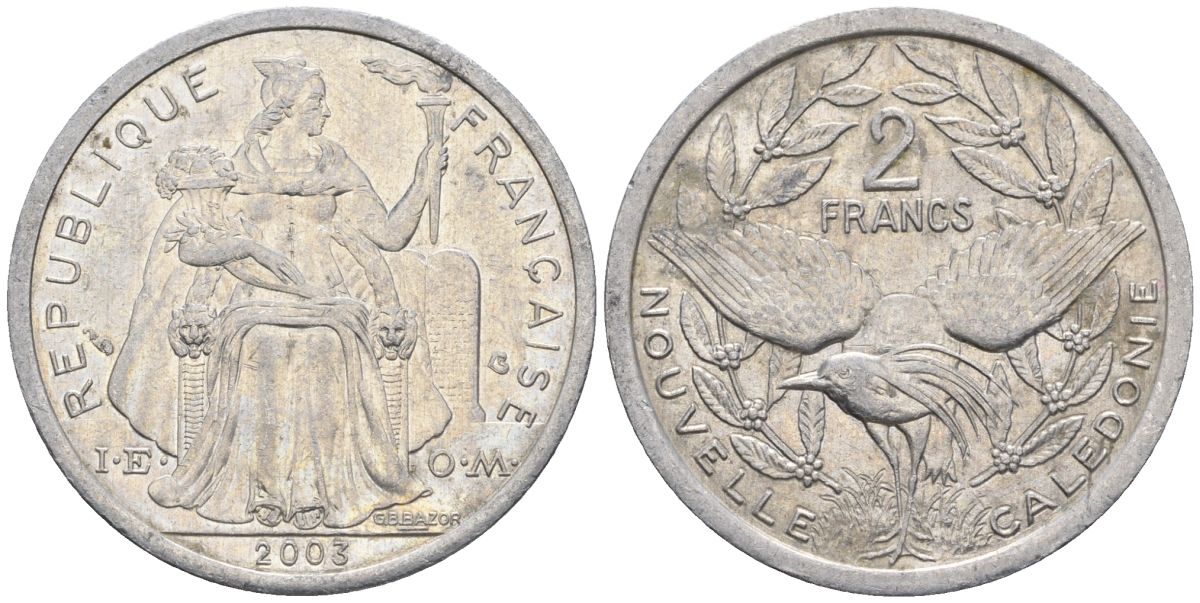 Французская Новая Каледония 2 франка 2003 птица кагу, (IEOM) KM 14, Schoen 11, Lec 68h алюминий    25-1351