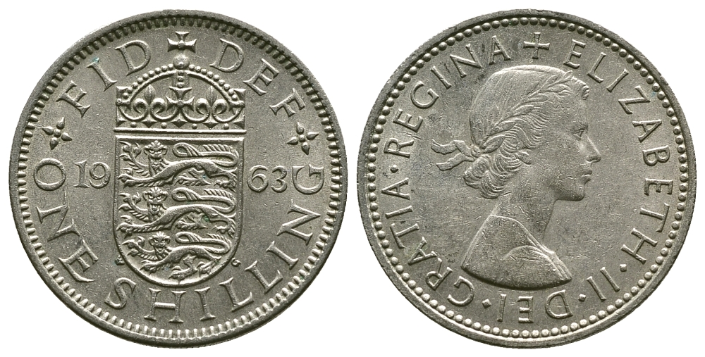 Великобритания 1 шиллинг 1963 Елизавета II (1952-2022), Английский герб KM 904, Spink 4147 медно-никель 4384-512