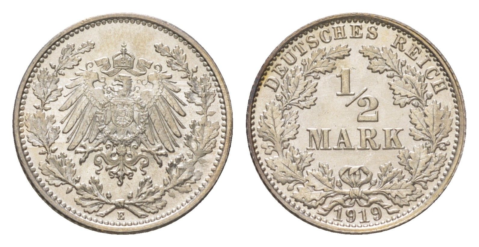 Германия 1/2 марки 1919 E KM 17, J. 16 серебро UNC 3896-813