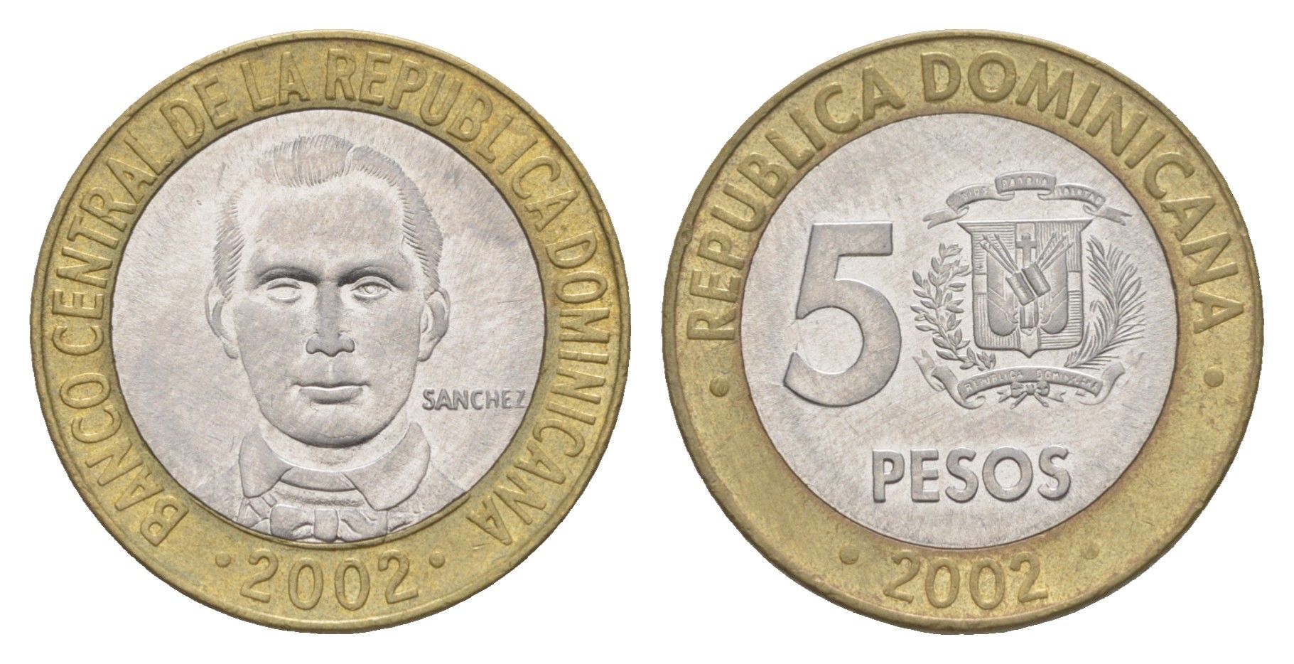 Доминиканская Республика (Доминикана) 5 песо 2002 Санчес KM 89 биметалл aUNC 4519-224