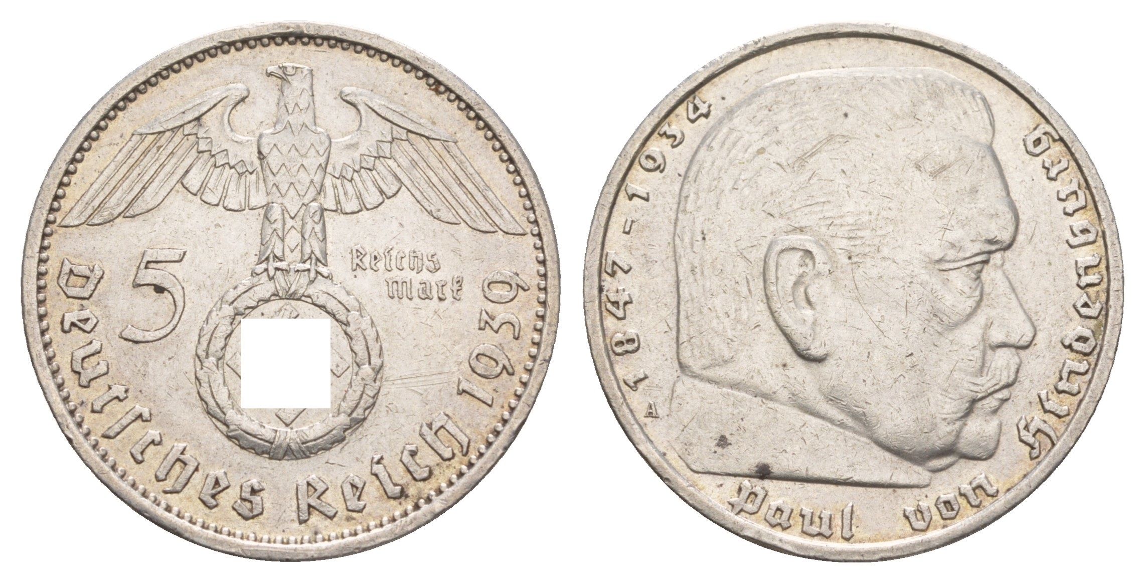 Германия 5 рейхсмарок 1939 A, Гинденбург, символика KM 94 серебро 1518-925