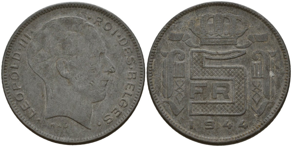 Бельгия 5 франков 1944 DES BELGES, Леопольд III (1934-1947) KM 130 цинк 4161-945