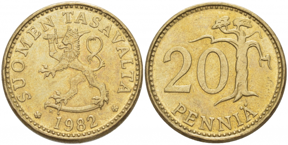 ФИНЛЯНДИЯ 20 ПЕННИ 1982 K KM 47 алюминиевая бронза UNC 3718-522