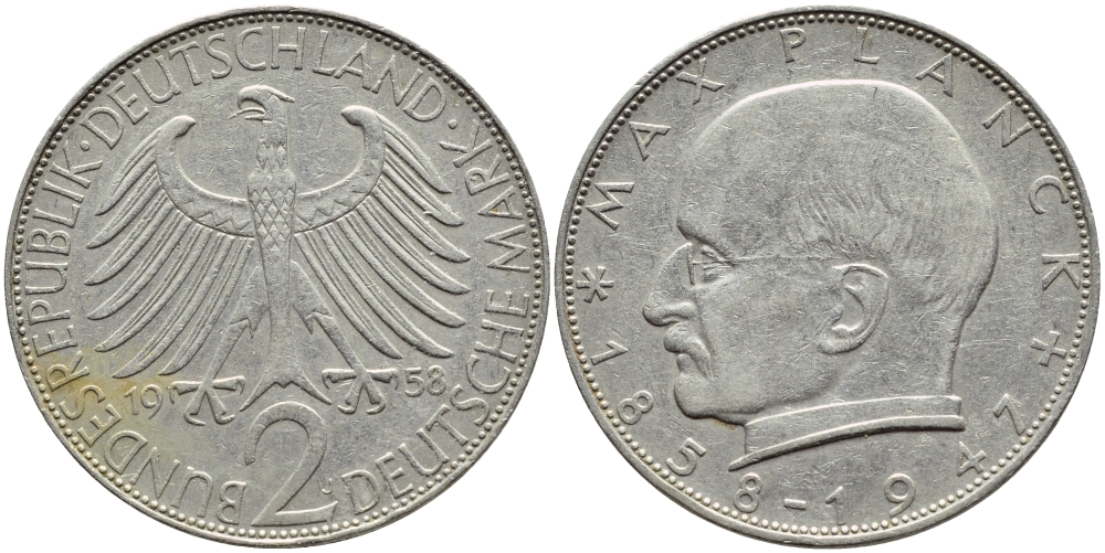 ФРГ 2 марки 1958 J, Макс Планк KM 116, J. 392 медно-никель плакированный никелем 85-1026