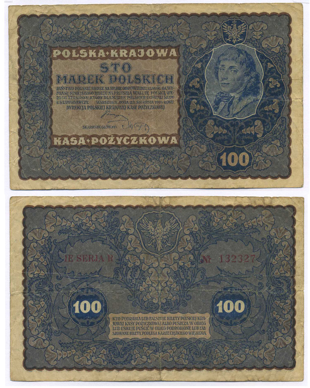 Польша 100 марок 1919 23 августа 1919, третий выпуск, Тадеуш Костюшко, IJ серия R Pick 27 (2), M27c  бумага   8595-22-1-1