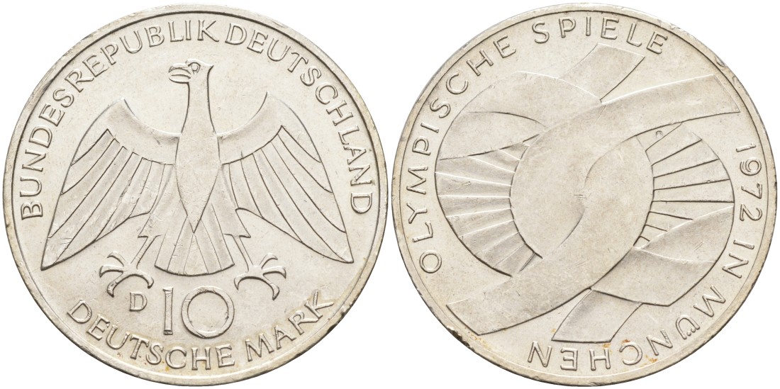 ФРГ 10 марок 1972 D, XX летние Олимпийские игры 1972 года в Мюнхене, символика KM 131, J.402 серебро 4558-221