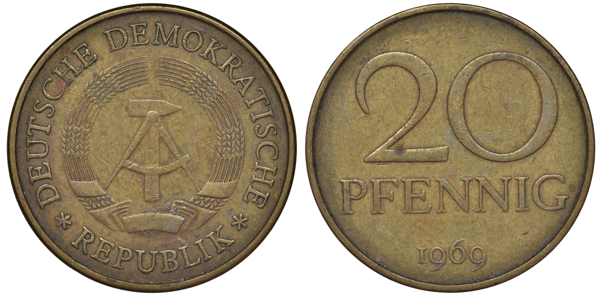 ГДР 20 пфеннигов 1969 А, первый год KM 11 латунь 62-1027