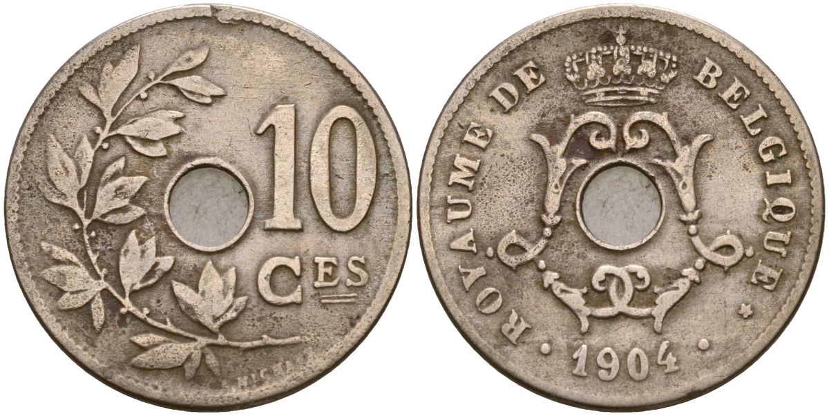 Бельгия 10 сантимов 1904 Король Леопольд II (1865 - 1909) KM 52 медно-никель 190-231