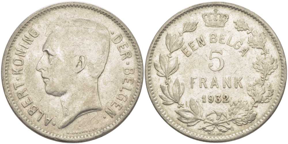 БЕЛЬГИЯ 5 ФРАНКОВ 1932 АЛЬБЕРТ I, DER BELGEN KM 98 никель 3851-412