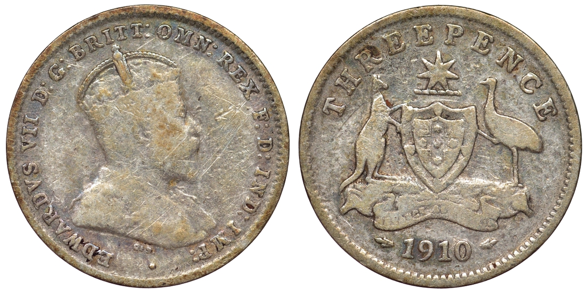 Австралия 3 пенса 1910 L, Эдуард VII (1902-1910), герб Австралии KM 18 серебро 71-112