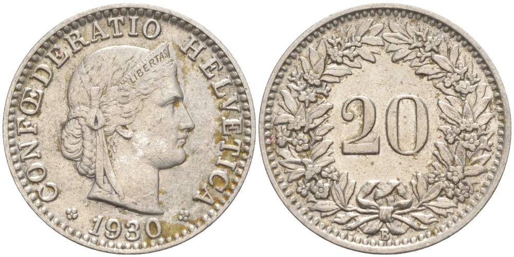 Швейцария 20 раппенов 1930 B KM 29 никель     55-637
