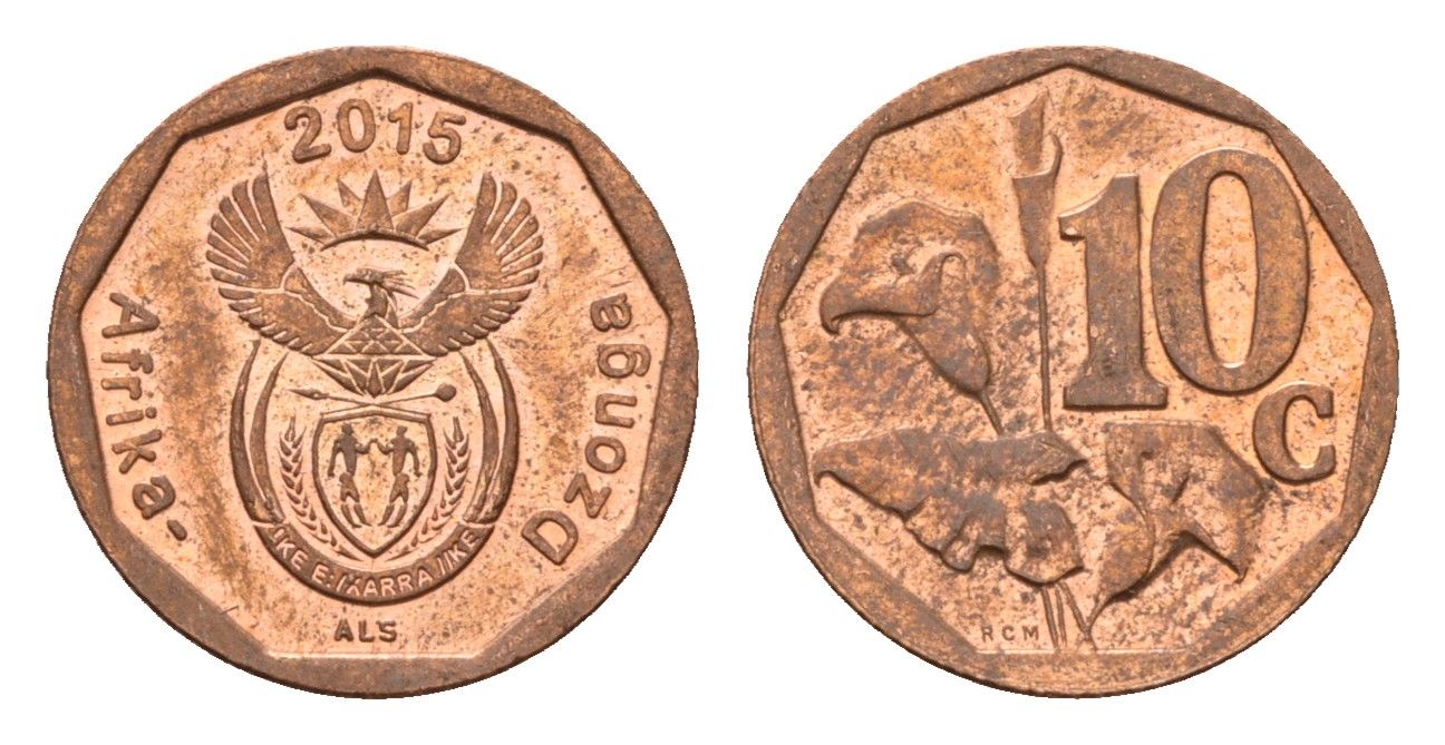 ЮАР 10 центов 2015 герб, цветок алоэ сталь плакированная бронзой UNC 4687-529