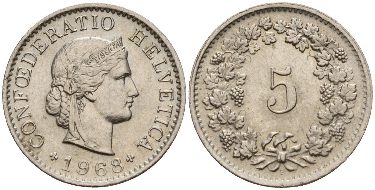 Швейцария 5 раппенов 1968 KM 26 медно-никель 4152-1064