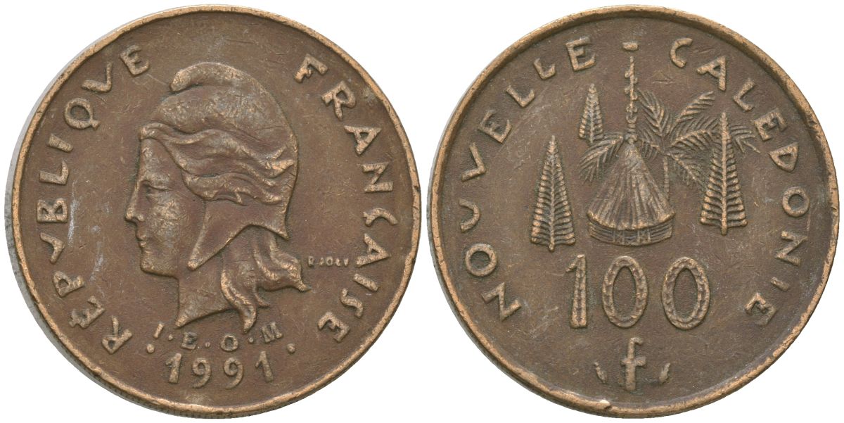 Французская Новая Каледония 100 франков 1991 хижина среди сосен и пальм, (IEOM) KM 15, Schoen 16, Lec 136 никель латунь 4140-415
