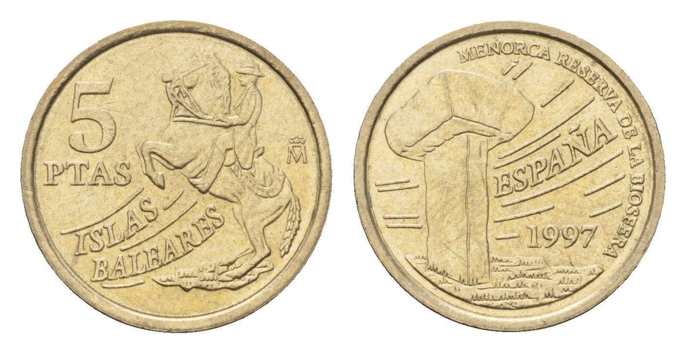 Испания 5 песет 1997 Хуан Карлос I (1975-2014), Балеарские острова, всадник KM 981 алюминиевая бронза 116-616