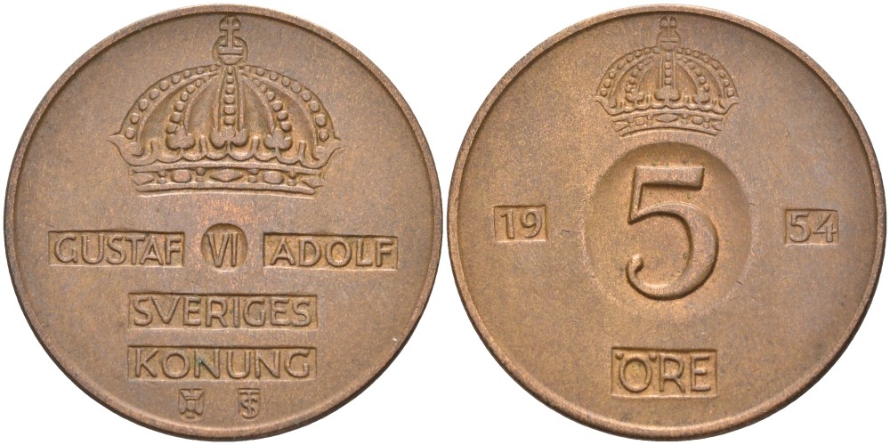 Швеция 5 эре 1954 TS, Густав VI Адольф (1950-1973) KM 822 бронза 4557-741