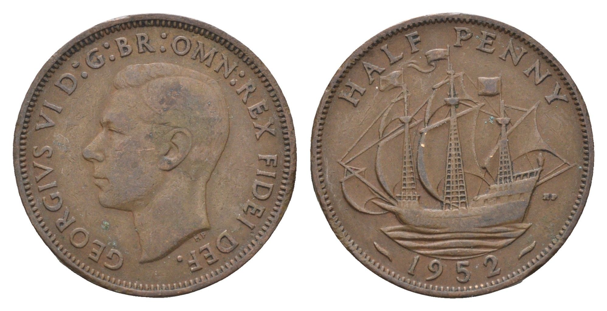 Великобритания 1/2 пенни 1952 Георг VI (1936-1952) KM 868, Spink 4118 бронза 4662-1126