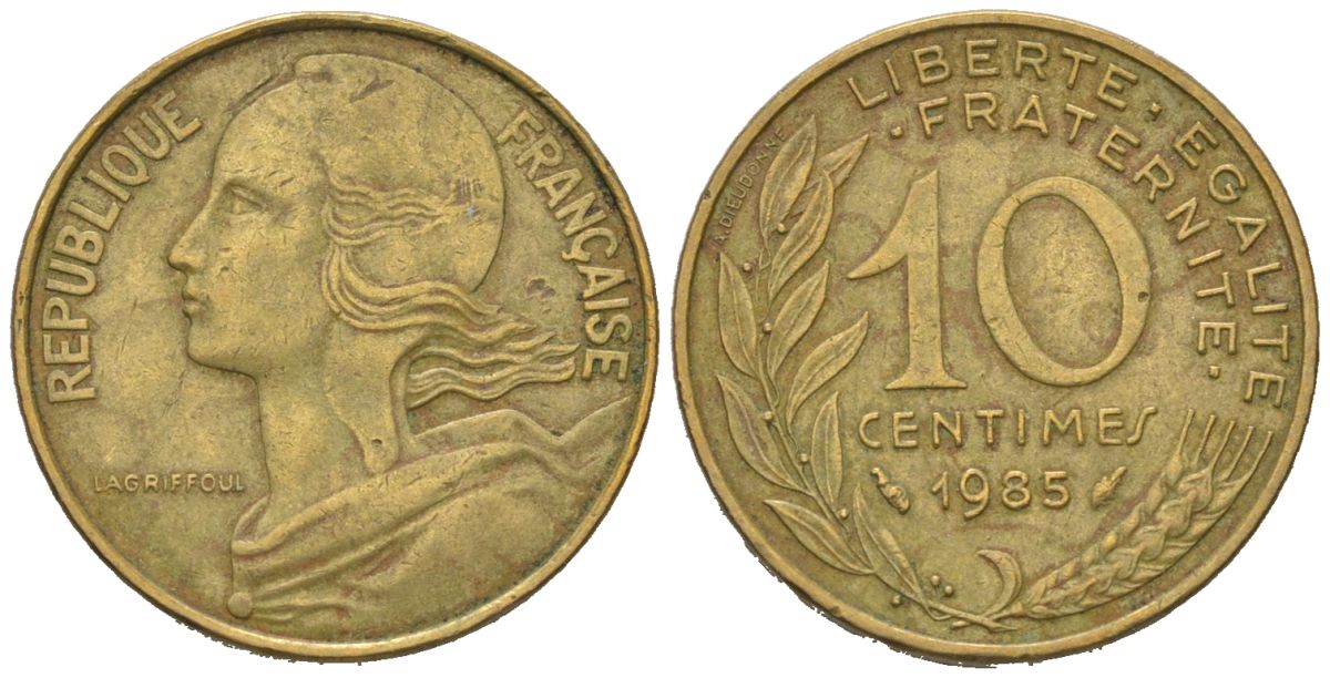 Франция 10 сантимов 1985 KM 929, Le Franc 144/24 алюминиевая бронза 4164-1152