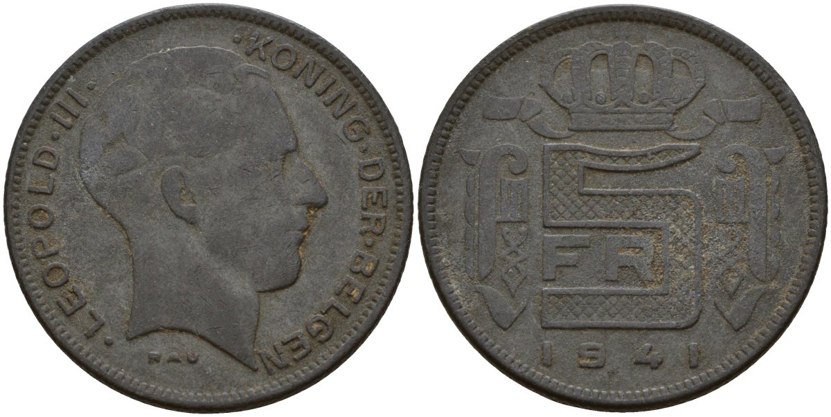 Бельгия 5 франков 1941 DES BELGEN, Леопольд III (1934-1947) KM 129 цинк 4161-914