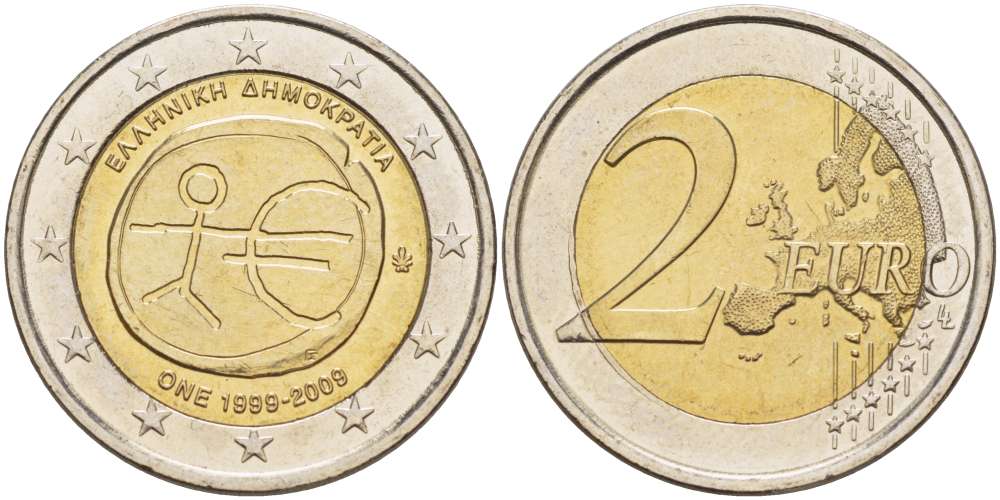 Греция 2 евро 2009 10 лет монетарной политики ЕС (EMU) и введения евро KM 227 биметалл UNC 4517-735