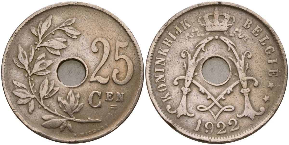 Бельгия 25 сантимов 1922 KM 69 медно-никель 4165-415