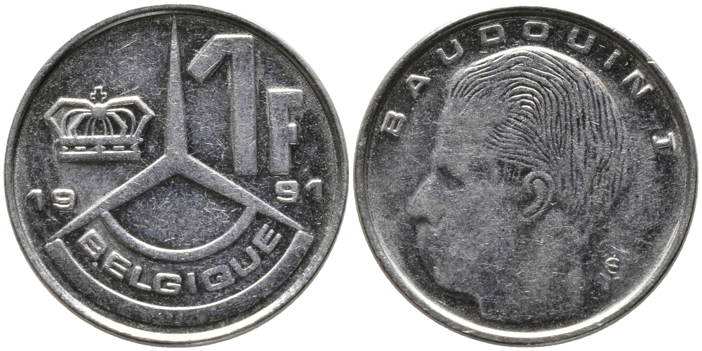 БЕЛЬГИЯ 1 ФРАНК 1991 BELGIQUE KM 170 сталь плакированная никелем 99-1226
