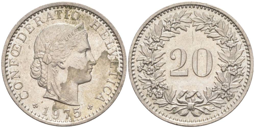 Швейцария 20 раппенов 1975 KM 29a медно-никель 55-945