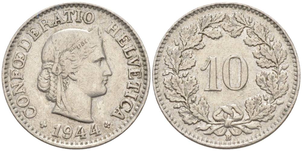 ШВЕЙЦАРИЯ 10 РАППЕНОВ 1944 В KM 27 медно-никель 201-519