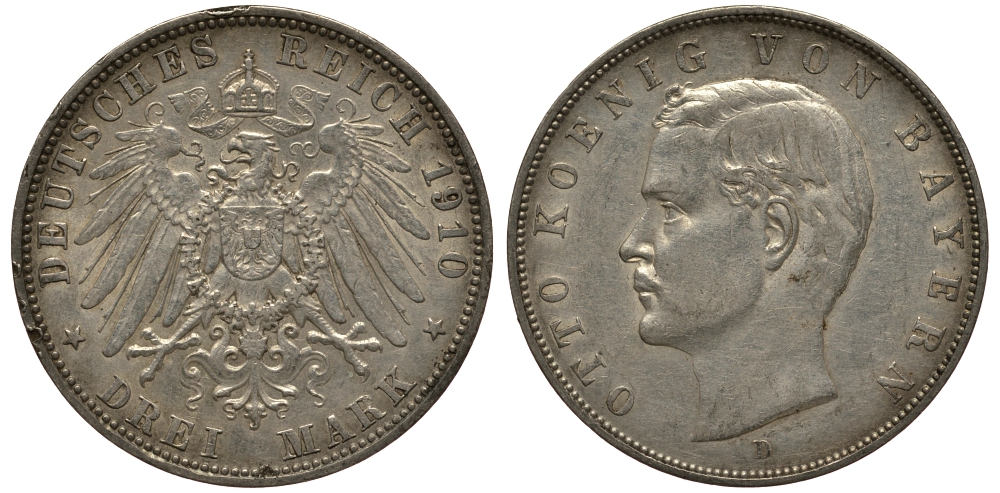 Бавария 3 марки 1910 Отто (1886-1913) Weege 45, J. 47, KM 515 серебро 3711-1935