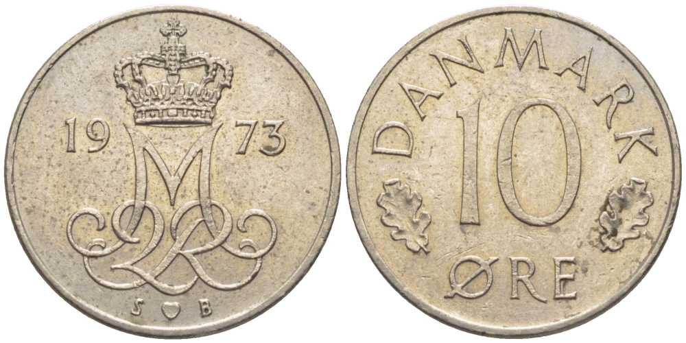 ДАНИЯ 10 ЭРЕ 1973 S;B, МАРГРЕТЕ II (1972-) KM 860.1 медно-никель 201-1233