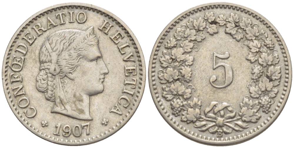 ШВЕЙЦАРИЯ 5 РАППЕНОВ 1907 В KM 26 медно-никель 4532-915