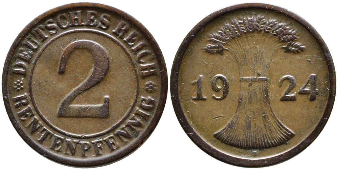 ГЕРМАНИЯ 2 РЕНТЕНПФЕННИГА 1924 D, ВЕЙМАРСКАЯ РЕСПУБЛИКА (1919-1933) KM 31, Jager 307, Weege 3 бронза 4546-757