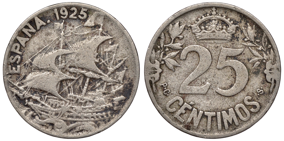 Испания 25 сентимо 1925 парусник, РС-S, год тип KM 740 медно-никель    4116-647